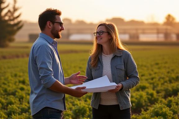 A Geyser Flora consultant discussing plans with a client in a field.