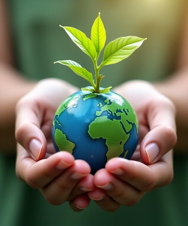 A hand cupping a small globe with a green plant growing from the top.